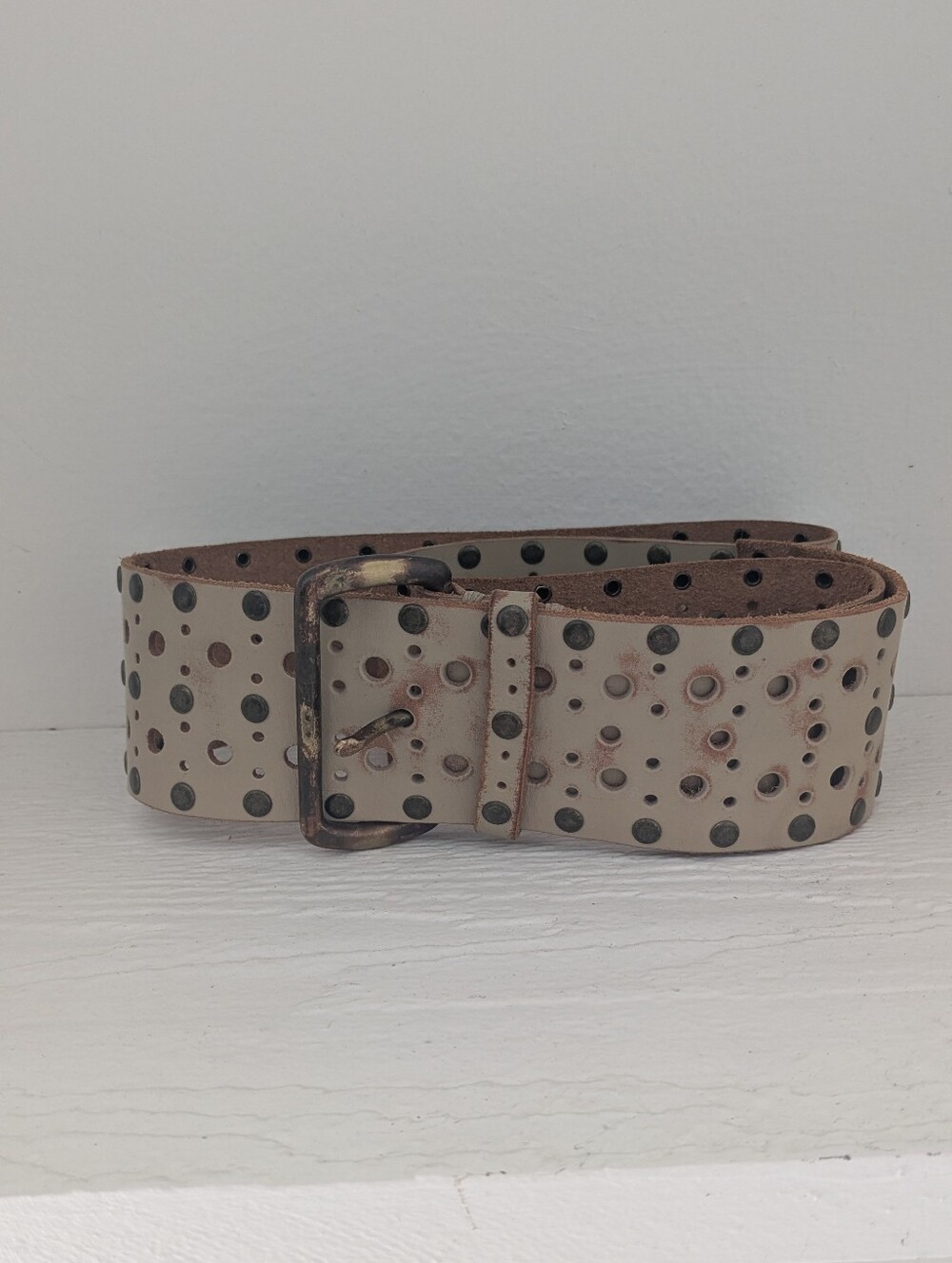 Linea Pelle Studded Tan Leather Wide Belt Sz M Medium Y2K Aesthetic